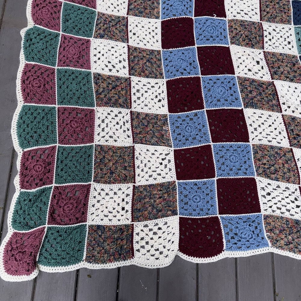 Vintage Handmade Crochet Granny Square Afghan Blanket 60x60 Scalloped Edge